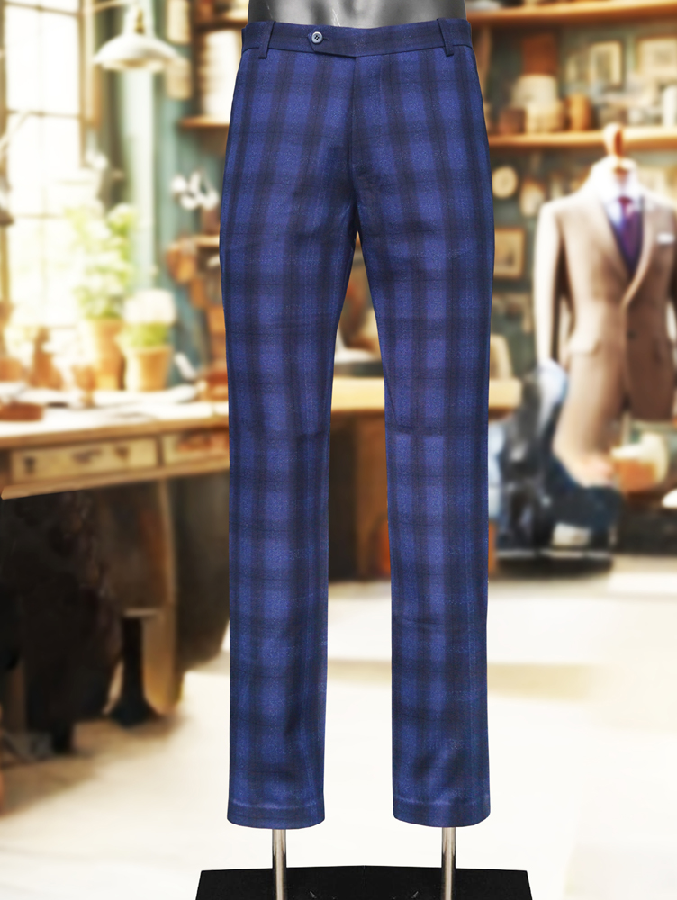 Premium Viscose Fabric Trousers with Grid Pattern - Royal Blue and Nevy