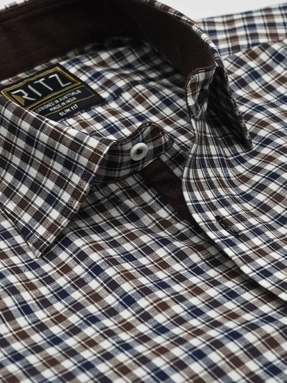 Brown Checked 100% Cotton Shirt with Contrast Detailing