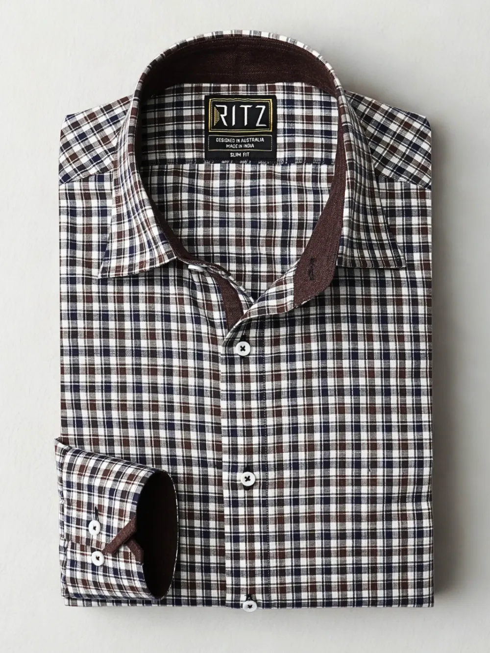 Brown Checked 100% Cotton Shirt with Contrast Detailing - Image 2