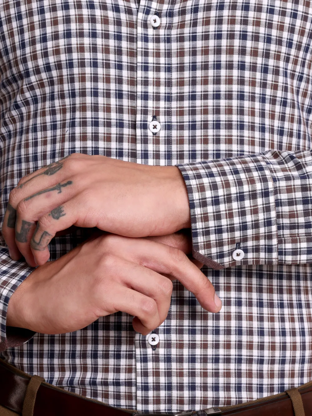 Brown Checked 100% Cotton Shirt with Contrast Detailing - Image 10