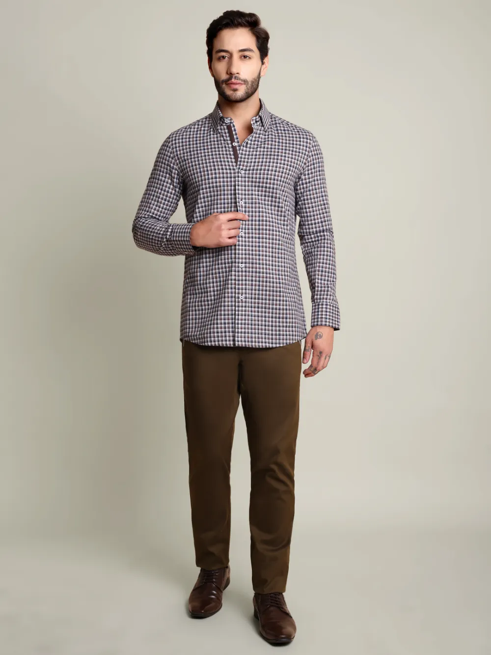 Brown Checked 100% Cotton Shirt with Contrast Detailing - Image 8