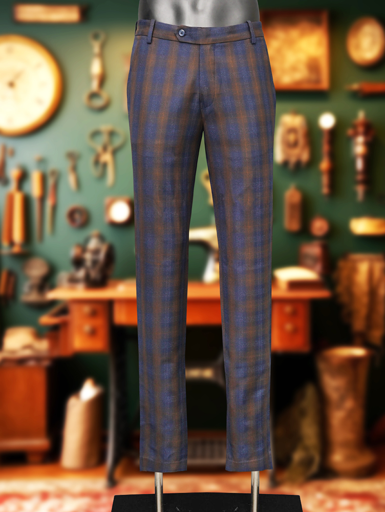 Premium Viscose Fabric Trousers with Grid Pattern - Peach and Indigo