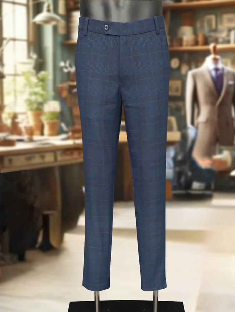 Luxury Viscose Trousers with Checked Pattern - Grey Royal Blue