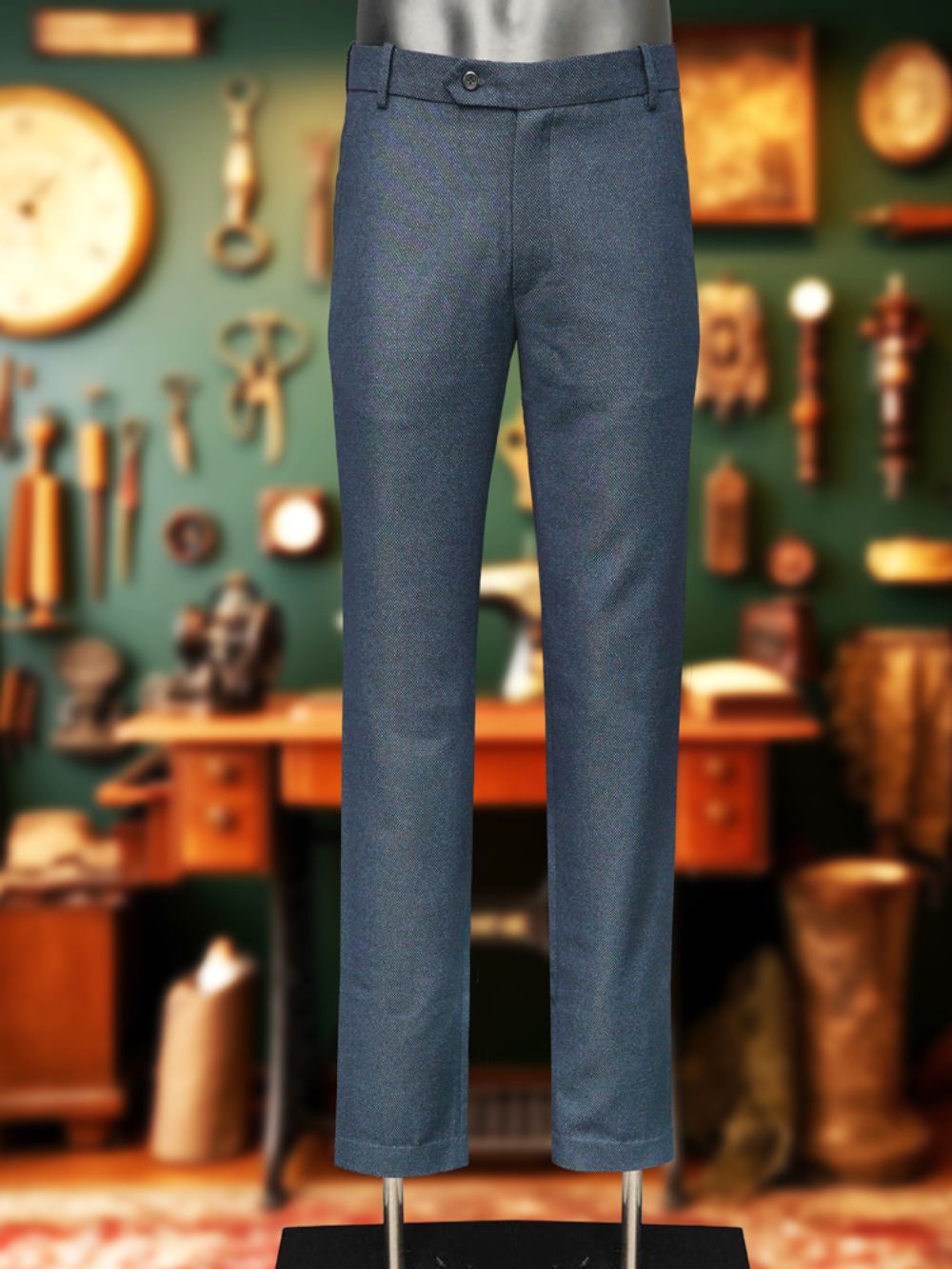 Luxury Wool Polyester Blend Trousers with Dobby Weave - Olive Ink