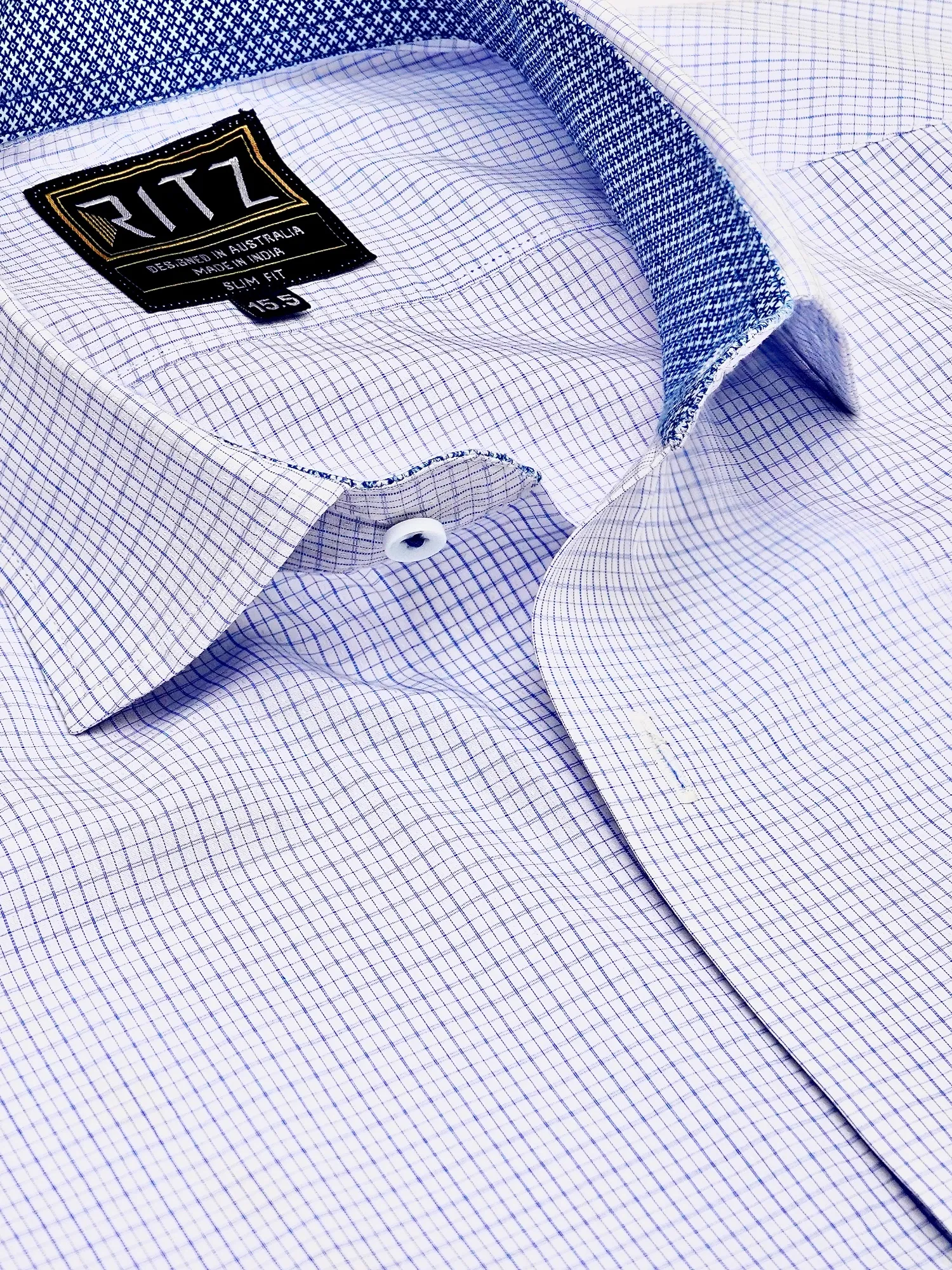 Non-Iron Pure Cotton White Shirt with Light Blue Grid