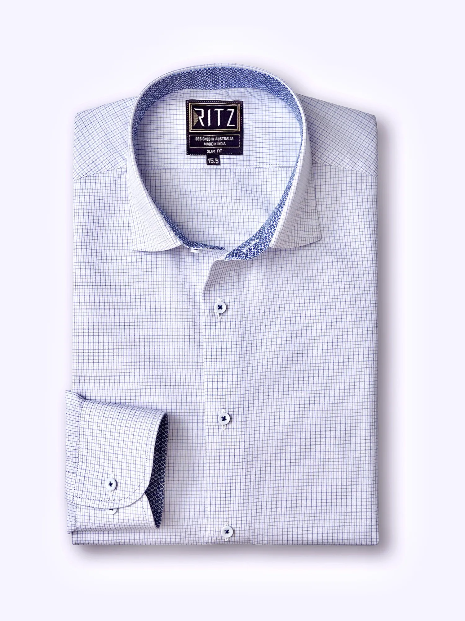 Non-Iron Pure Cotton White Shirt with Light Blue Grid - Image 2