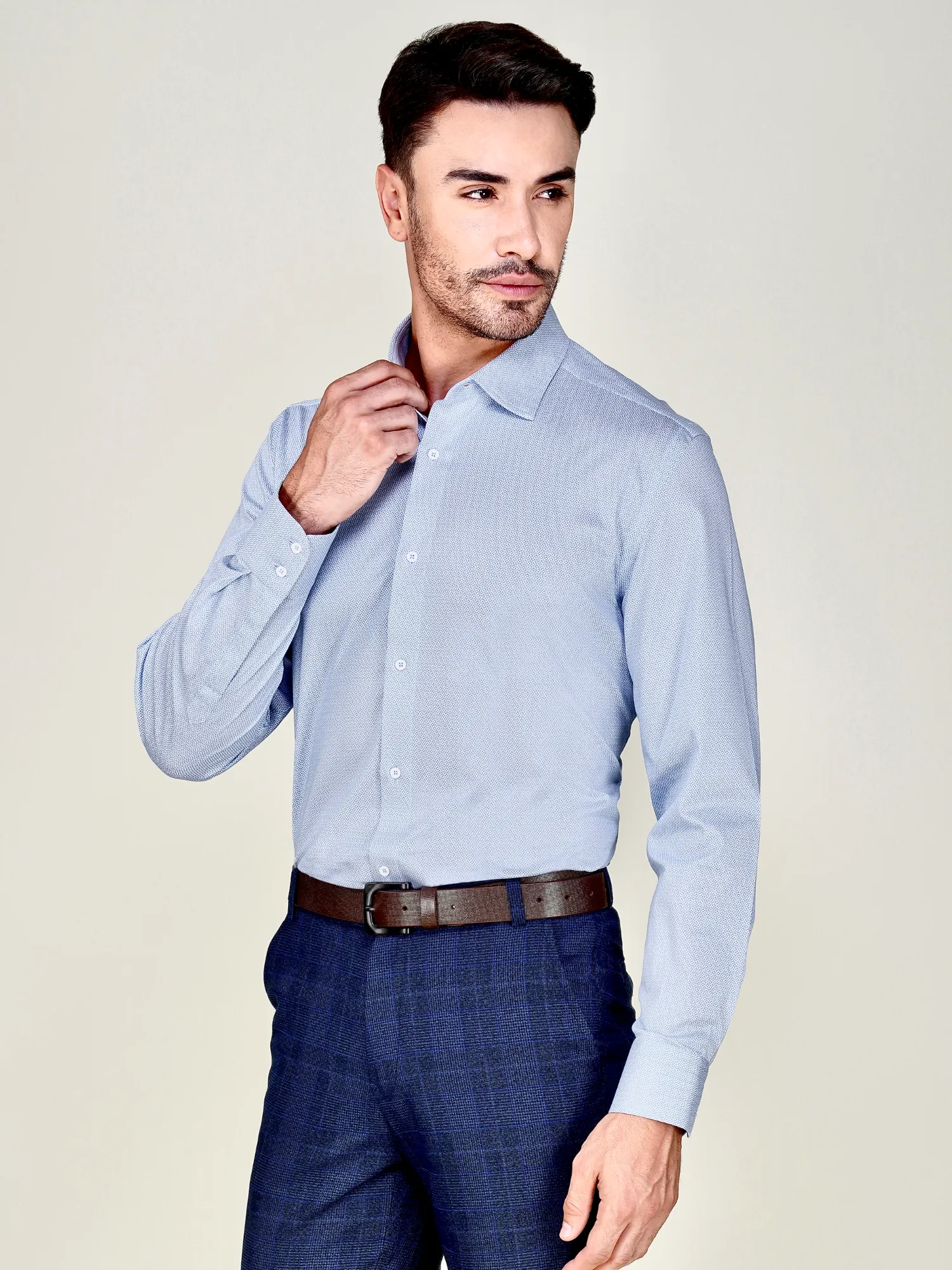 Non-Iron Stretch Sky Geometry Print Shirt – Knitted Weave