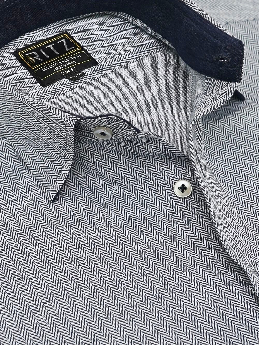 Non-Iron Stretch Gray Herringbone Print Shirt - Image 2