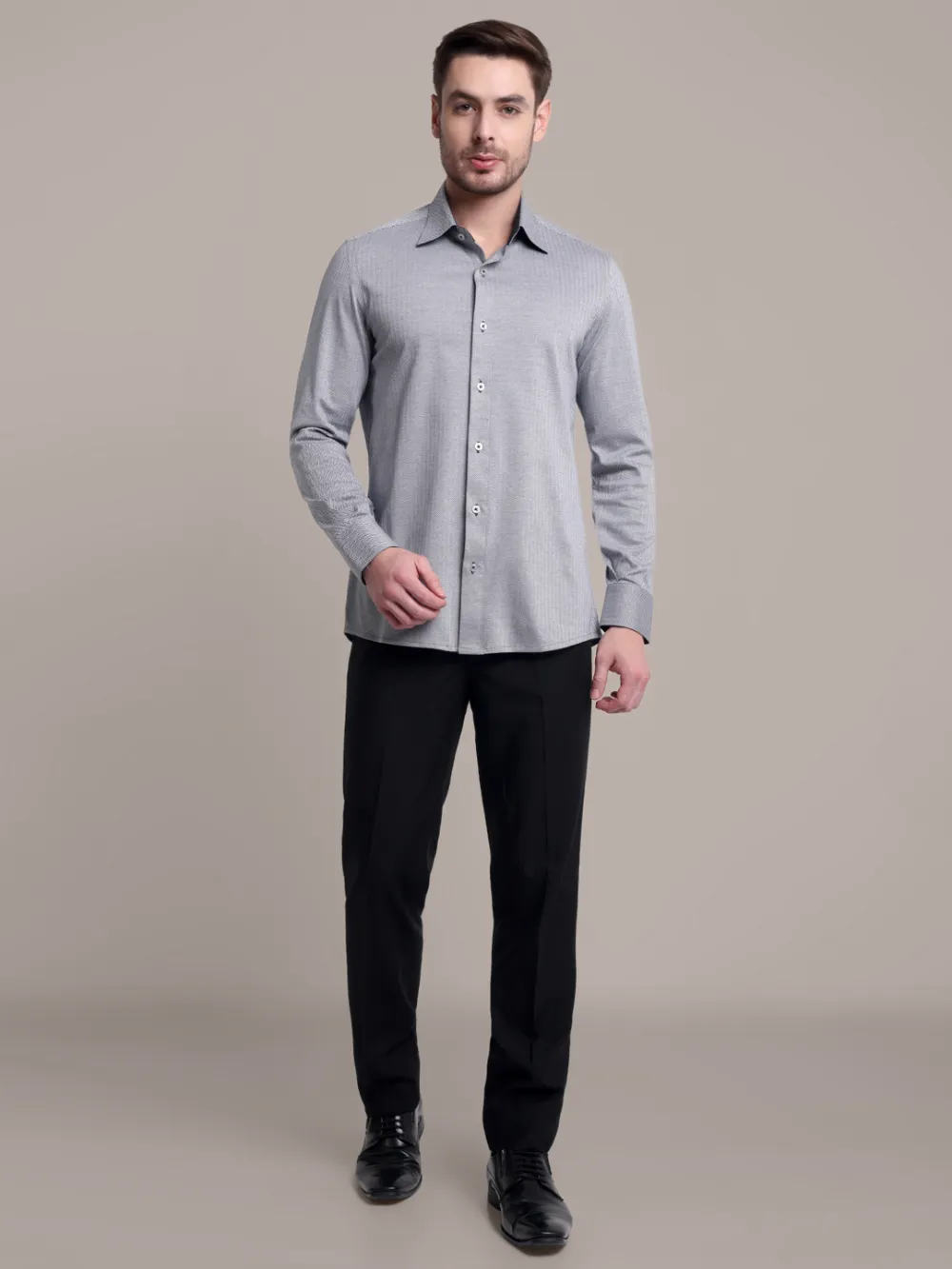 Non-Iron Stretch Gray Herringbone Print Shirt - Image 7