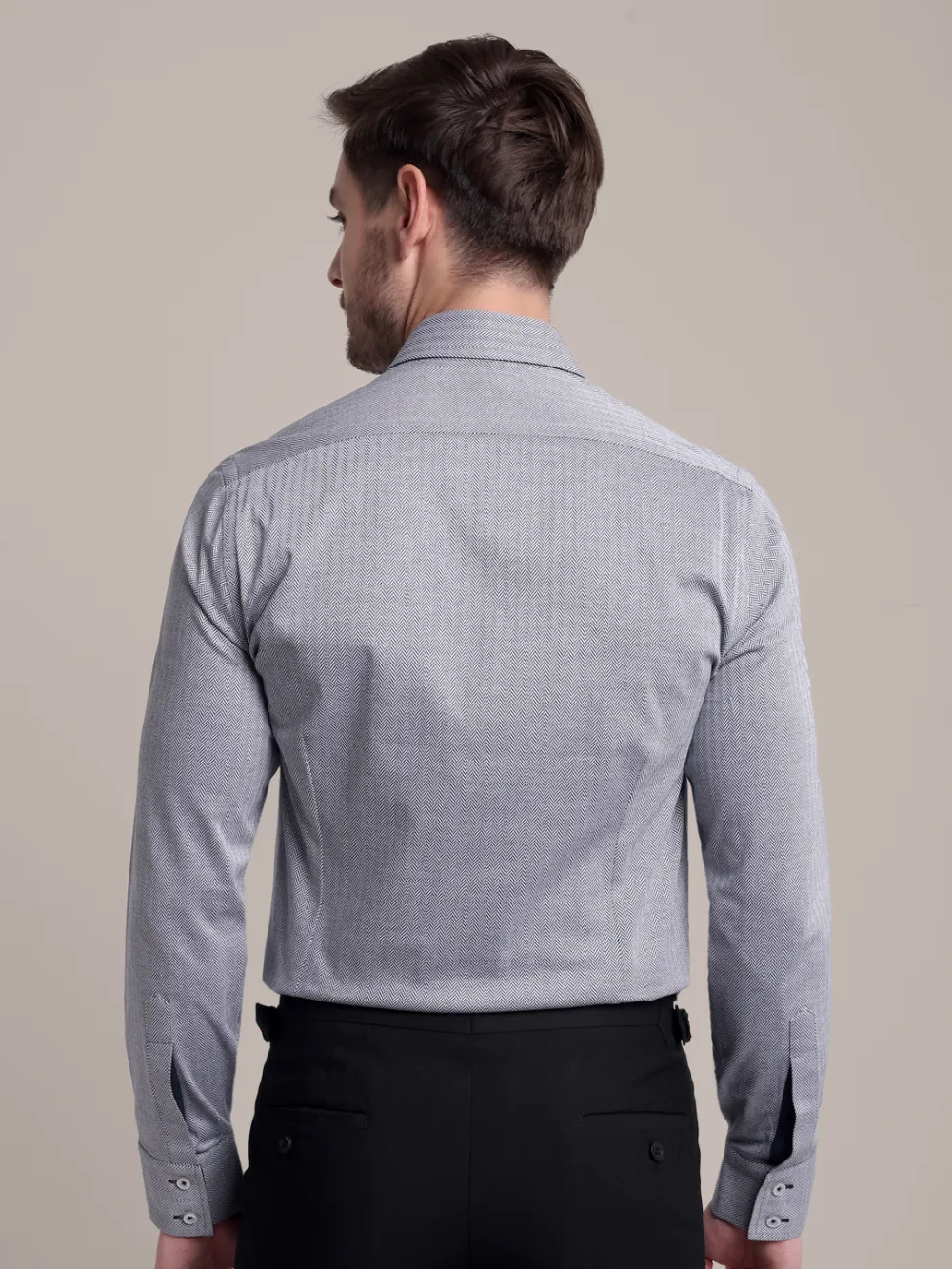 Non-Iron Stretch Gray Herringbone Print Shirt - Image 10