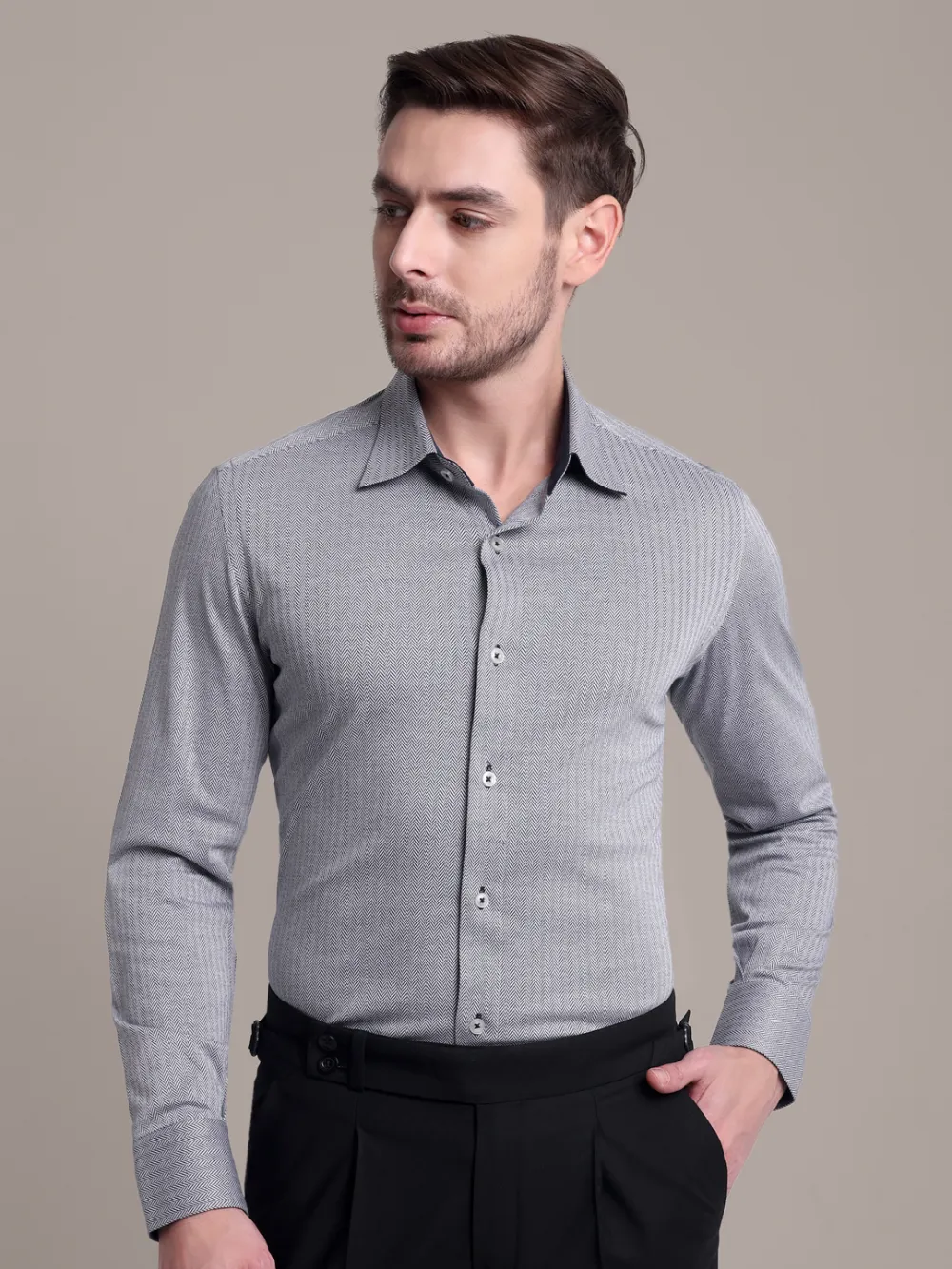 Non-Iron Stretch Gray Herringbone Print Shirt