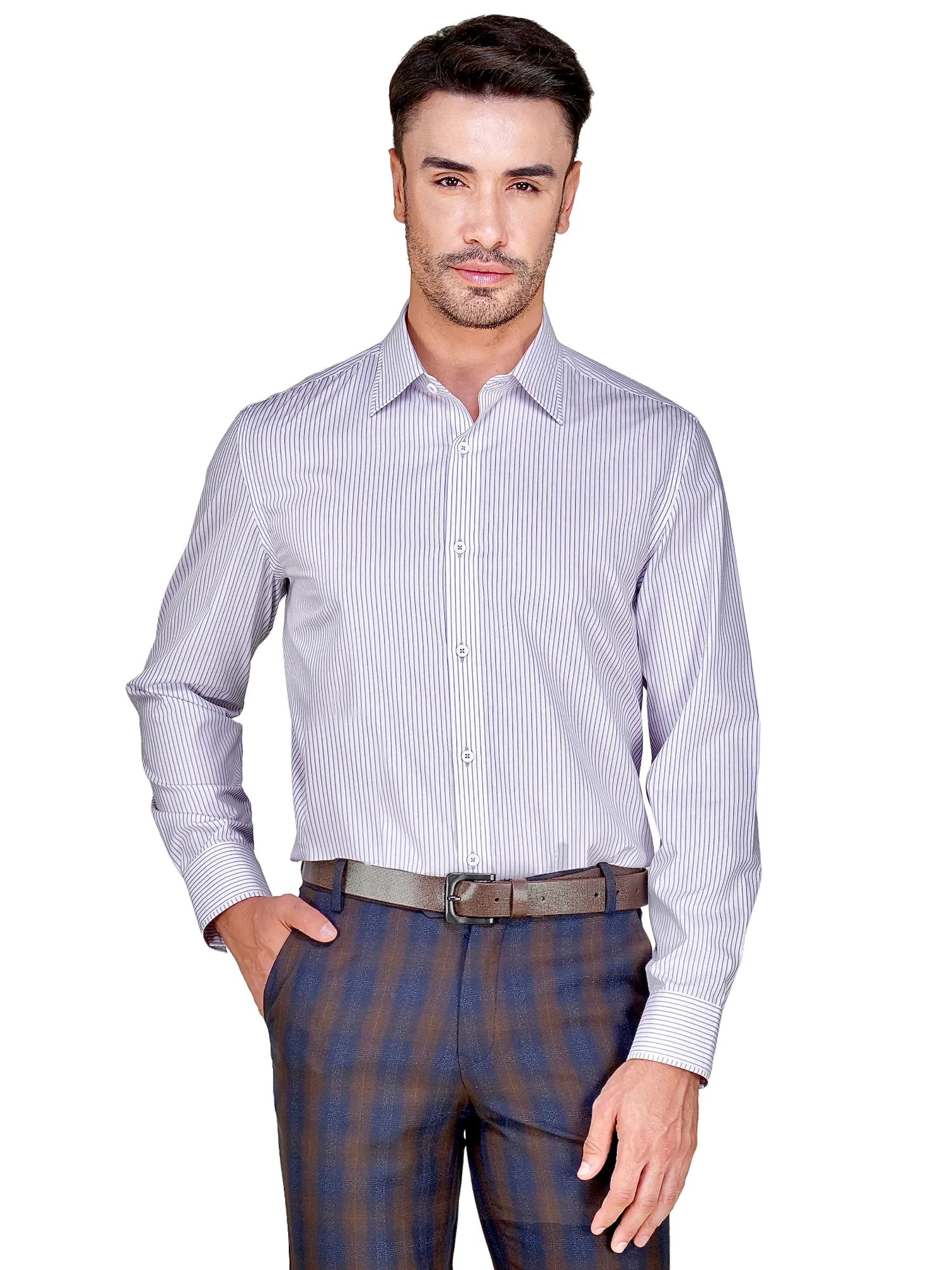 Non-Iron Purple Yarn Dyed Stripe 100% Cotton Shirt - Image 5