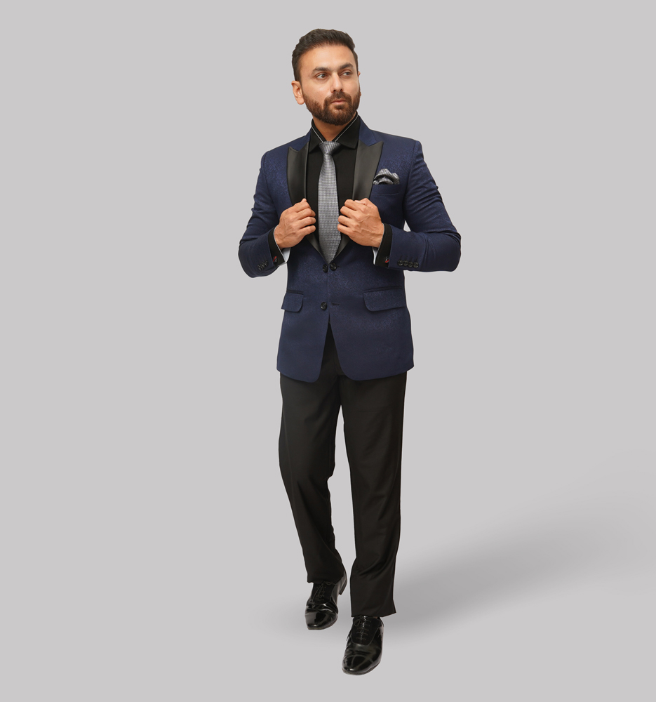 Luxury Viscose-Polyester Blend Suit with Unique Modern Print ? Royal Blue and Black