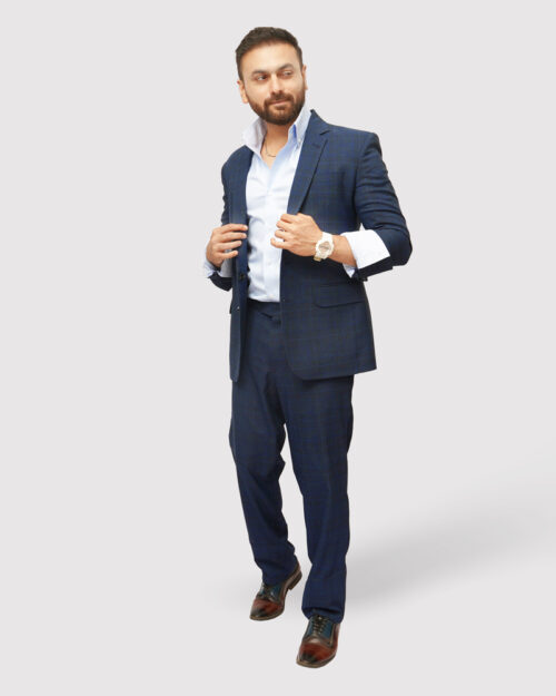 Luxury Premium Viscose Suit with Grey and Blue Grid