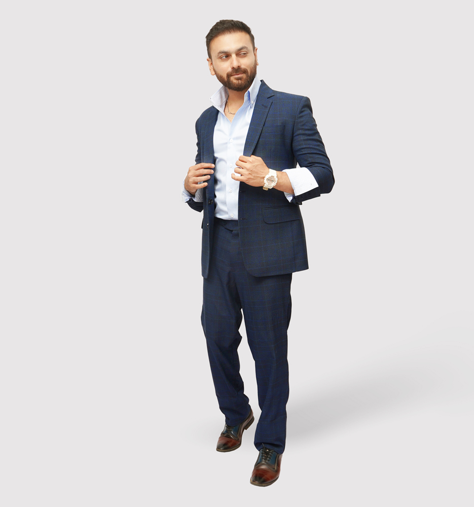 Luxury Premium Viscose Suit with Grey and Blue Grid