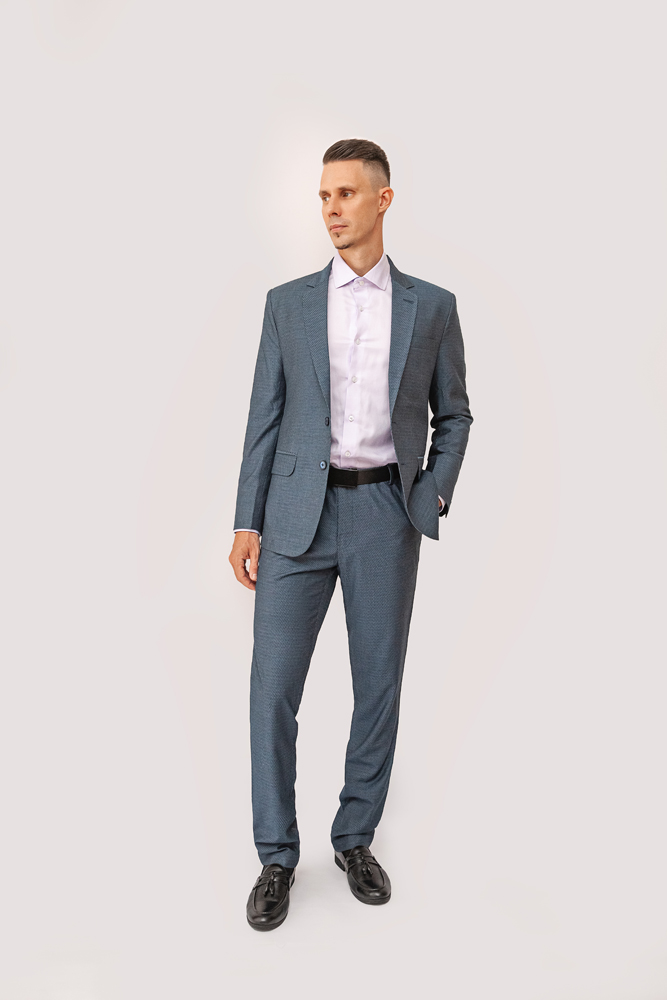 Luxury Wool Polyester Blend Suit with Herringbone Weave ? Steel Gray