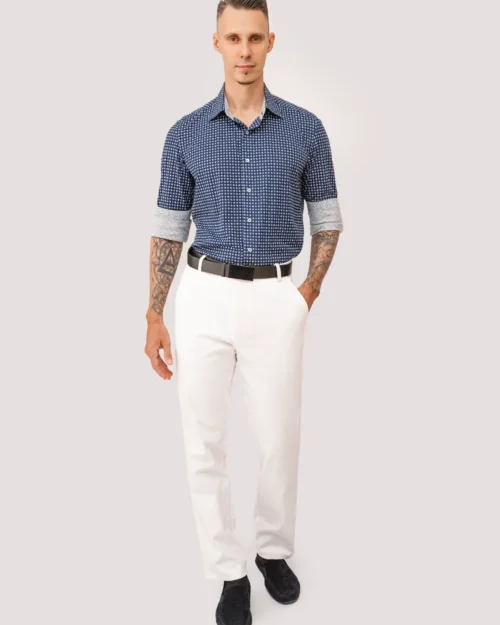 Dark Blue Medallion Shirt with Pure Cotton Stretch White Chino Ultimate Pair