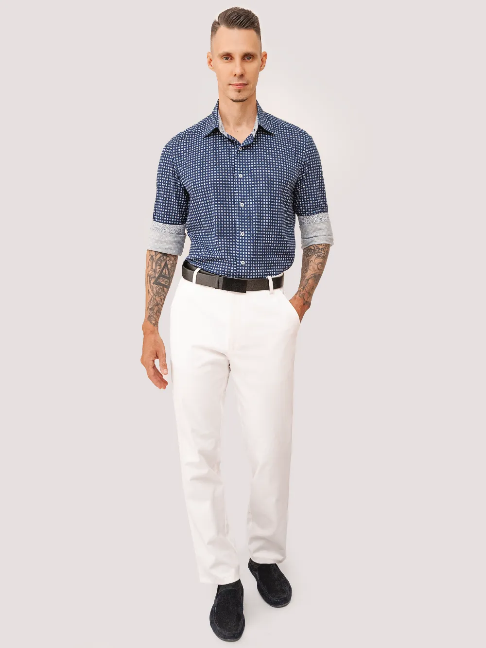 Dark Blue Medallion Shirt with Pure Cotton Stretch White Chino Ultimate Pair
