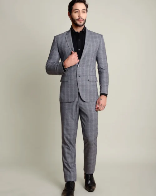 Luxury Wool Polyester Blend Suit with Plaid Weave ? Gray with Black Grid