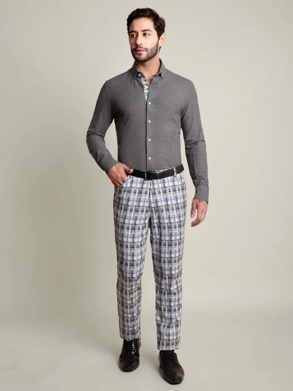 Pure cotton Extra stretch Shirt and Viscose Grid Trousers Designer Pair - Image 13