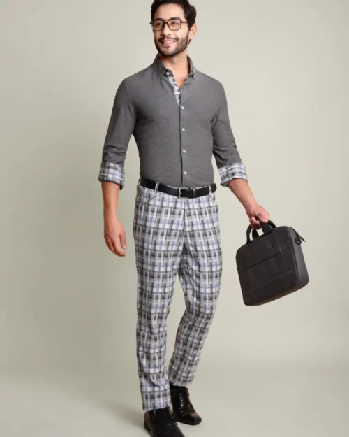 Pure cotton Extra stretch Shirt and Viscose Grid Trousers Designer Pair