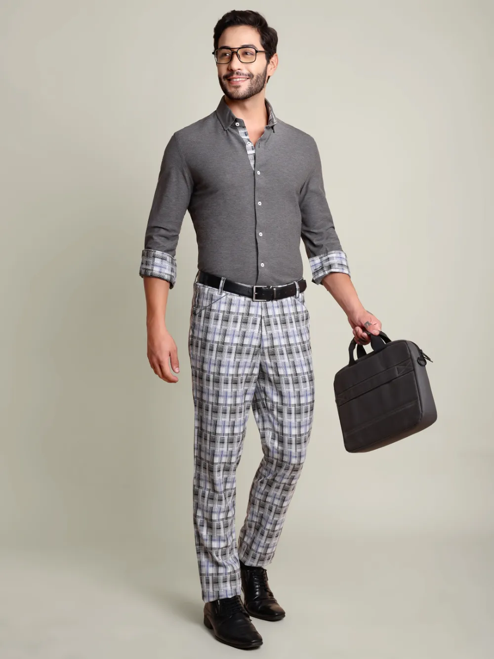 Pure cotton Extra stretch Shirt and Viscose Grid Trousers Designer Pair