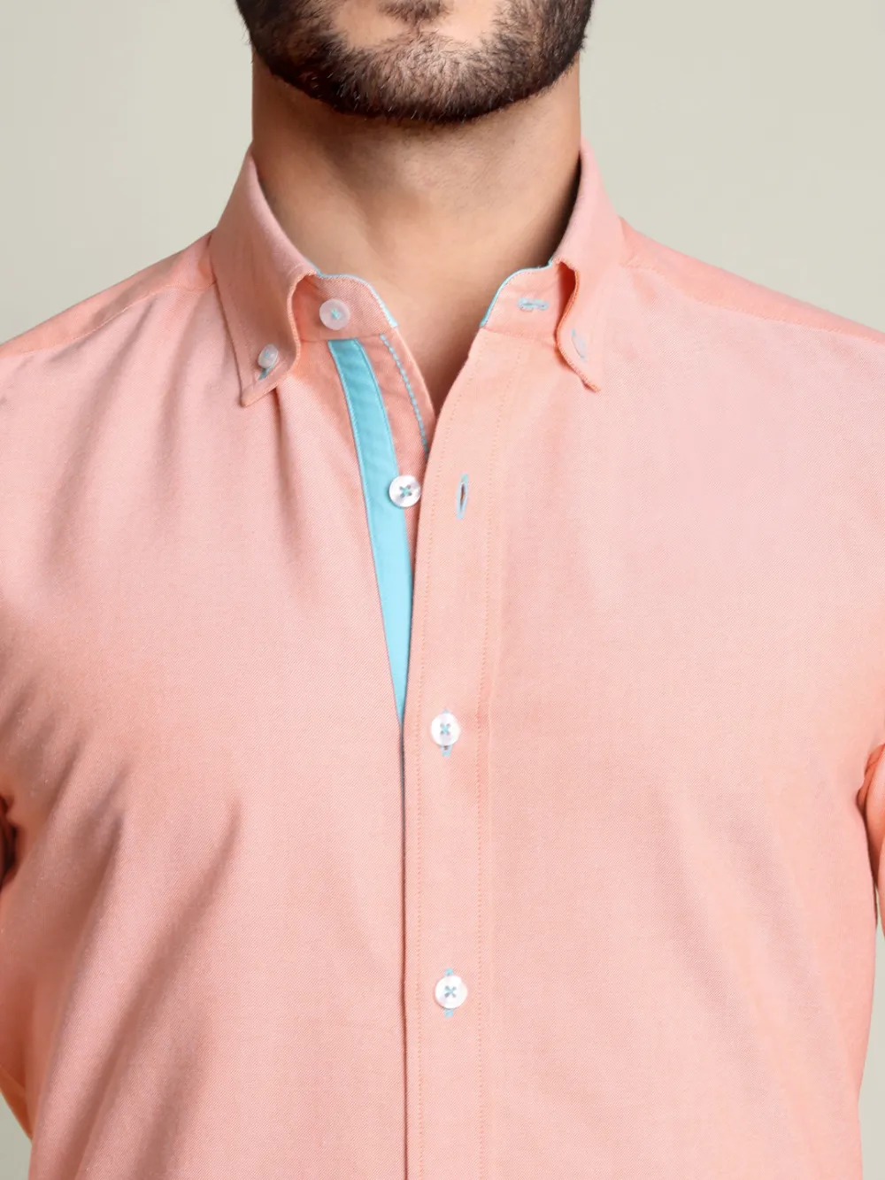 Peach Orange Oxford Shirt and Cotton Turquoise Chino Pair - Image 5