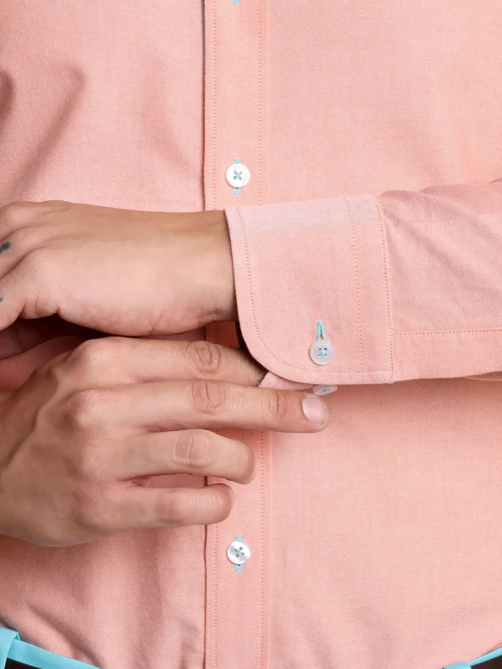 Peach Orange Oxford Shirt and Cotton Turquoise Chino Pair - Image 6