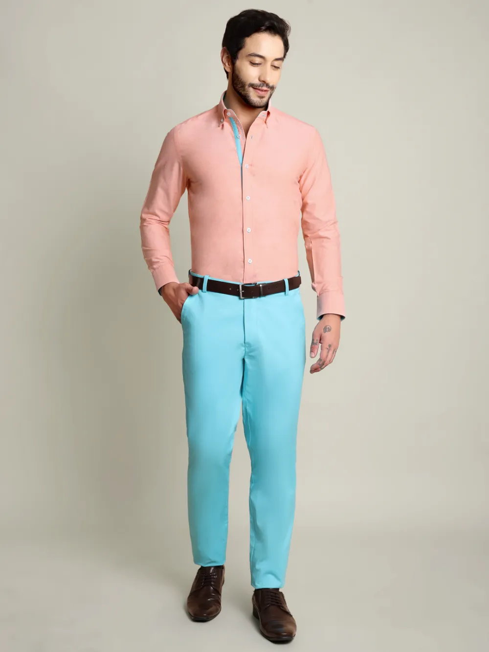 Peach Orange Oxford Shirt and Cotton Turquoise Chino Pair - Image 13