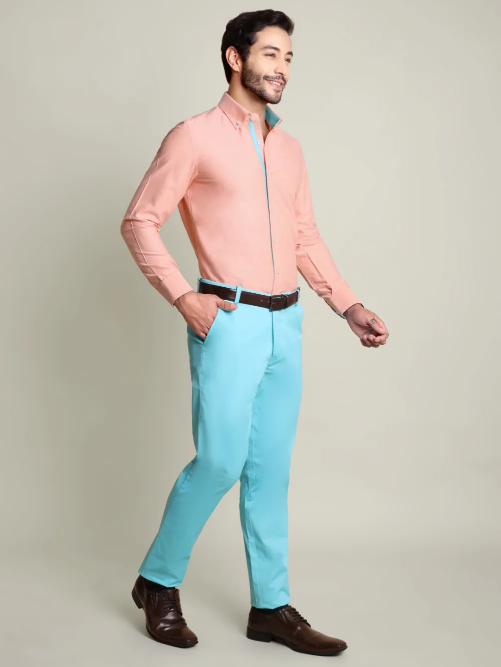 Peach Orange Oxford Shirt and Cotton Turquoise Chino Pair - Image 2