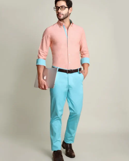 Peach Orange Oxford Shirt and Cotton Turquoise Chino Pair