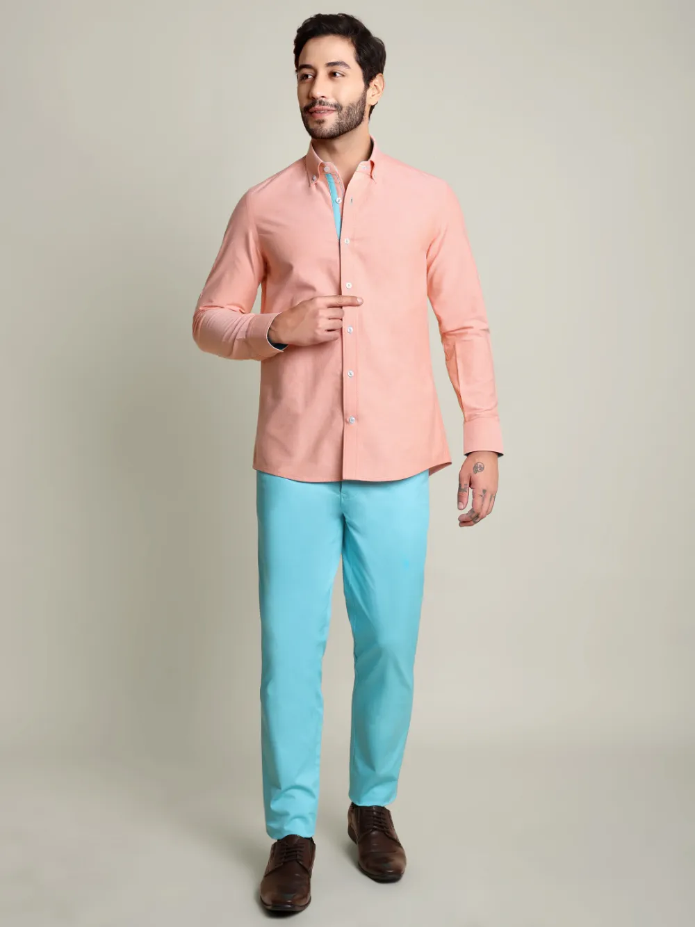 Peach Orange Oxford Shirt and Cotton Turquoise Chino Pair - Image 4
