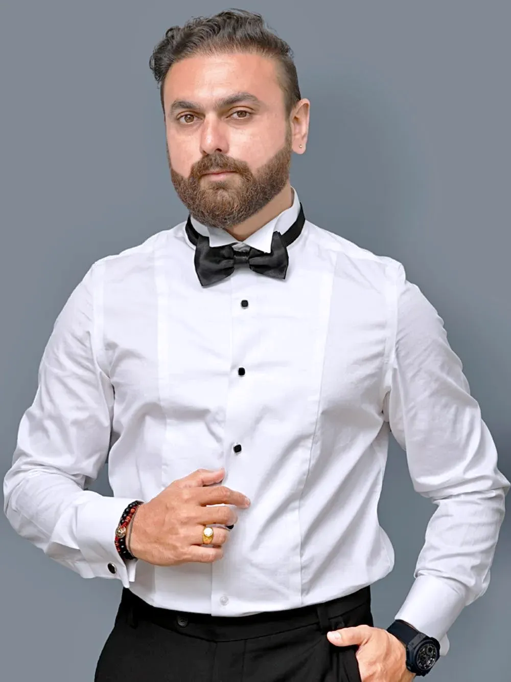 100% Cotton White Tuxedo Shirt - Twill Weave