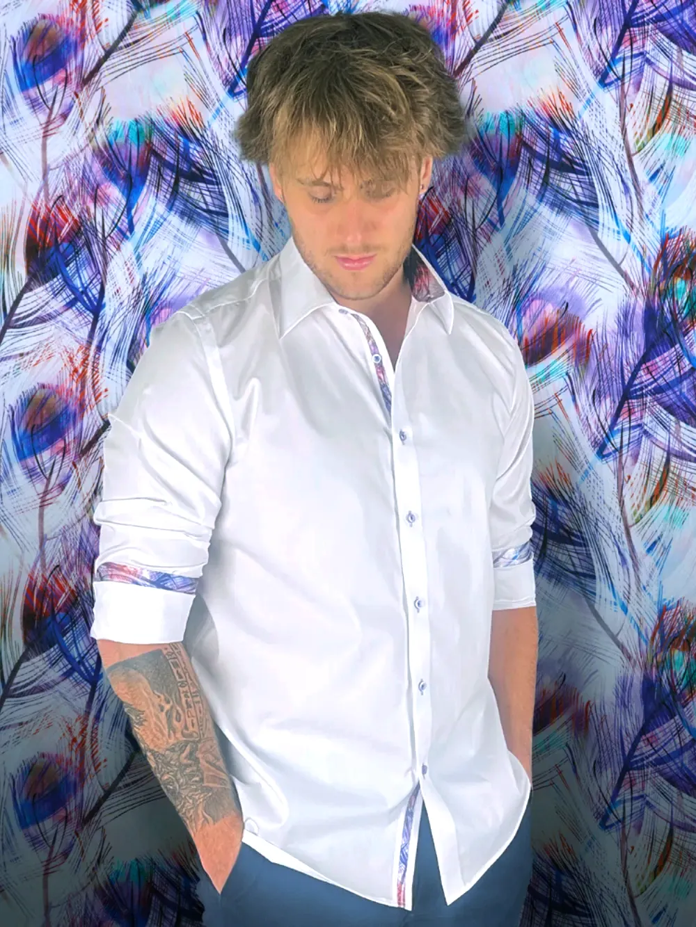 White Shirt with Signature Satin Accent - Feathers