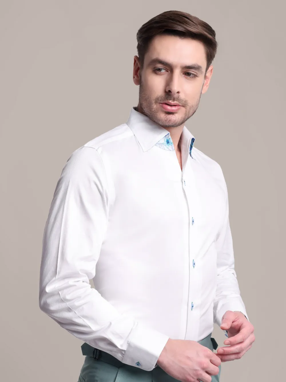 White Shirt with Signature Satin California Collar - Butterflies