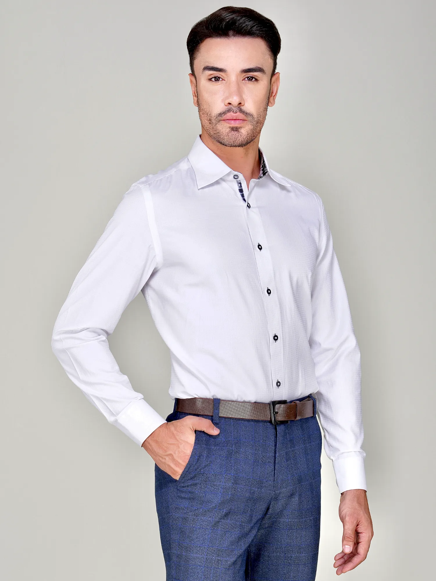 White Self Checked Tie Dye Shirt - Dobby Weave