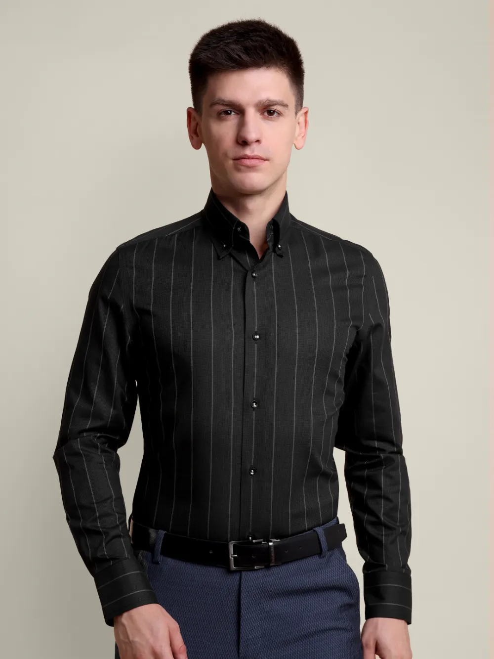 Black Pin-Striped Non Iron Shirt - Basket Weave