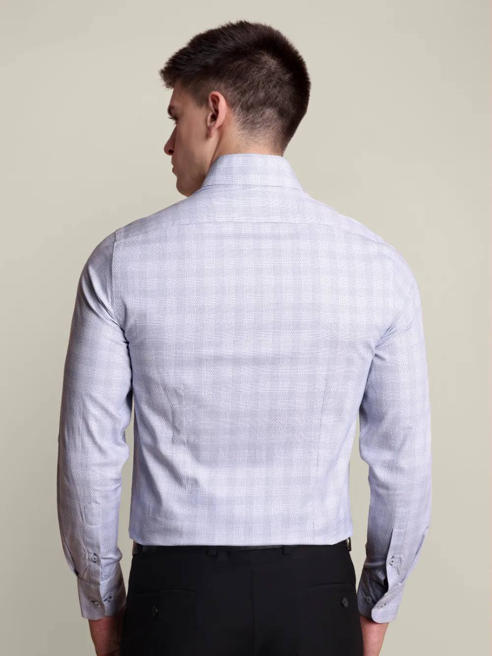 Non Iron Pure Cotton Grey and Blue Grid Shirt - Dobby Weave - Image 9