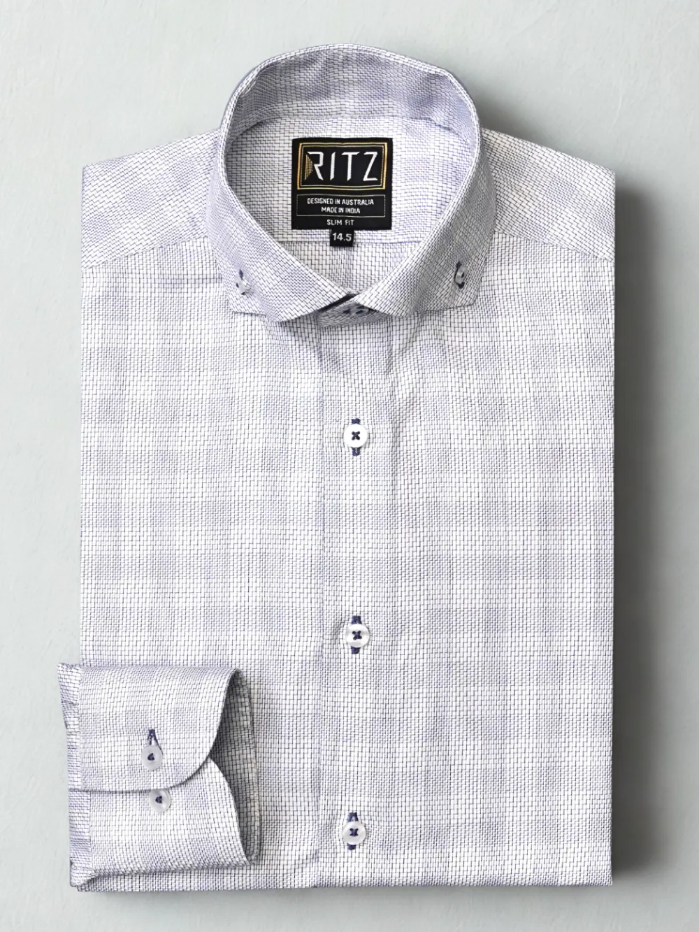 Non Iron Pure Cotton Grey and Blue Grid Shirt - Dobby Weave - Image 2