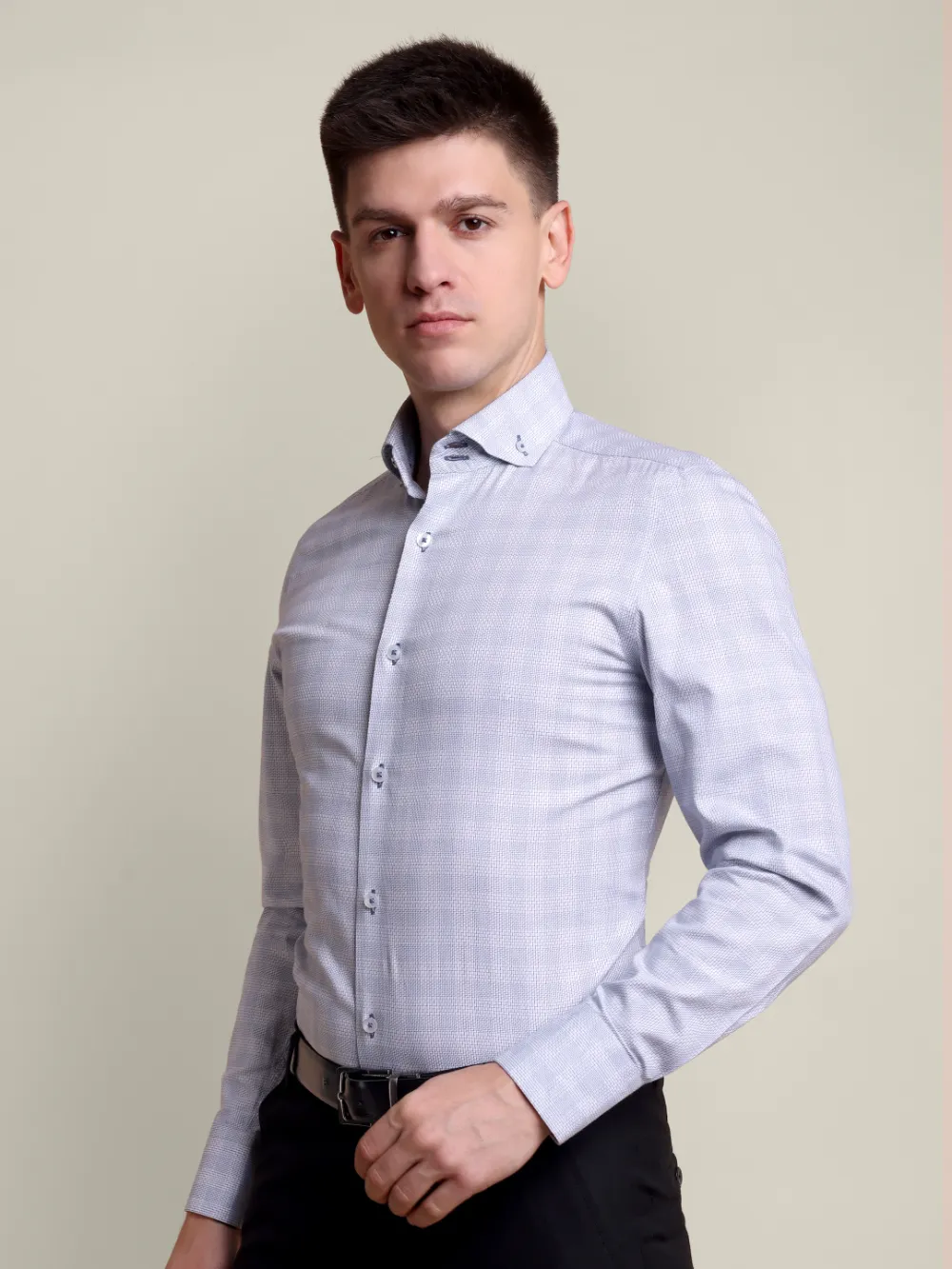 Non Iron Pure Cotton Grey and Blue Grid Shirt - Dobby Weave - Image 5