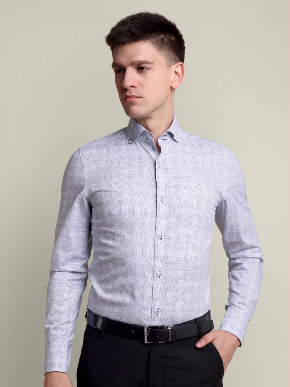 Non Iron Pure Cotton Grey and Blue Grid Shirt - Dobby Weave - Image 4