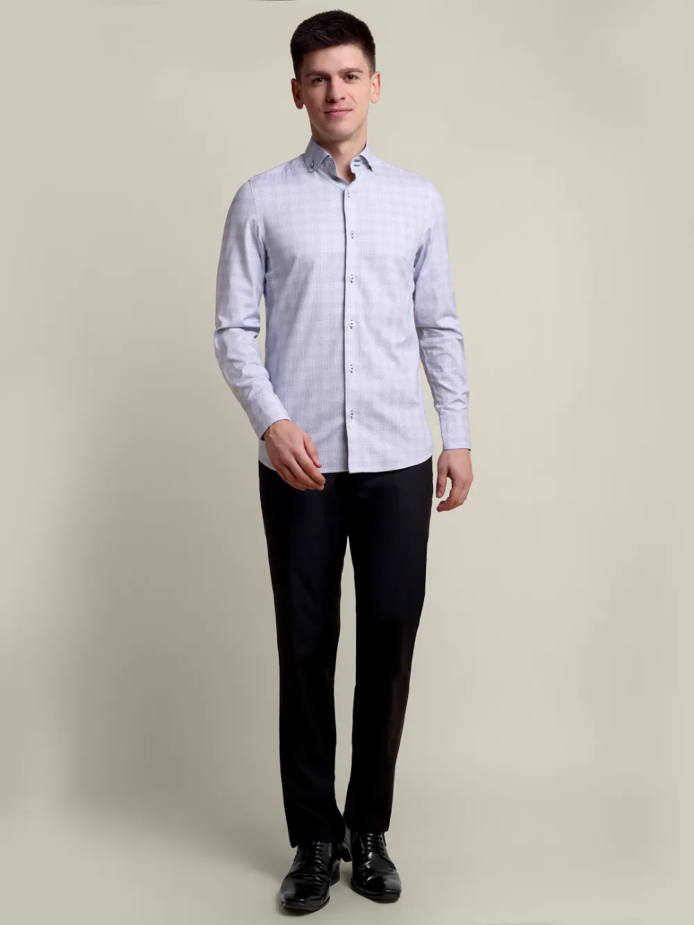 Non Iron Pure Cotton Grey and Blue Grid Shirt - Dobby Weave - Image 7