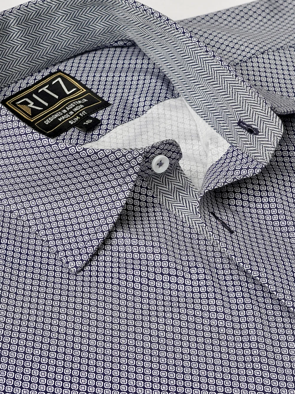 Non-Iron Stretch Cotton Navy Diamond Print Shirt