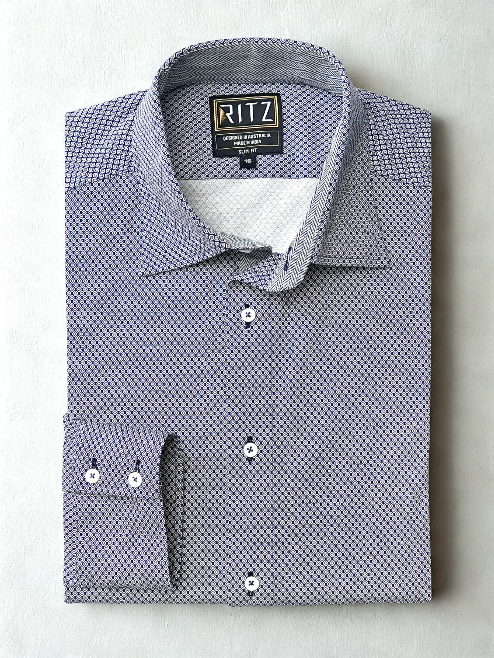 Non-Iron Stretch Cotton Navy Diamond Print Shirt - Image 2