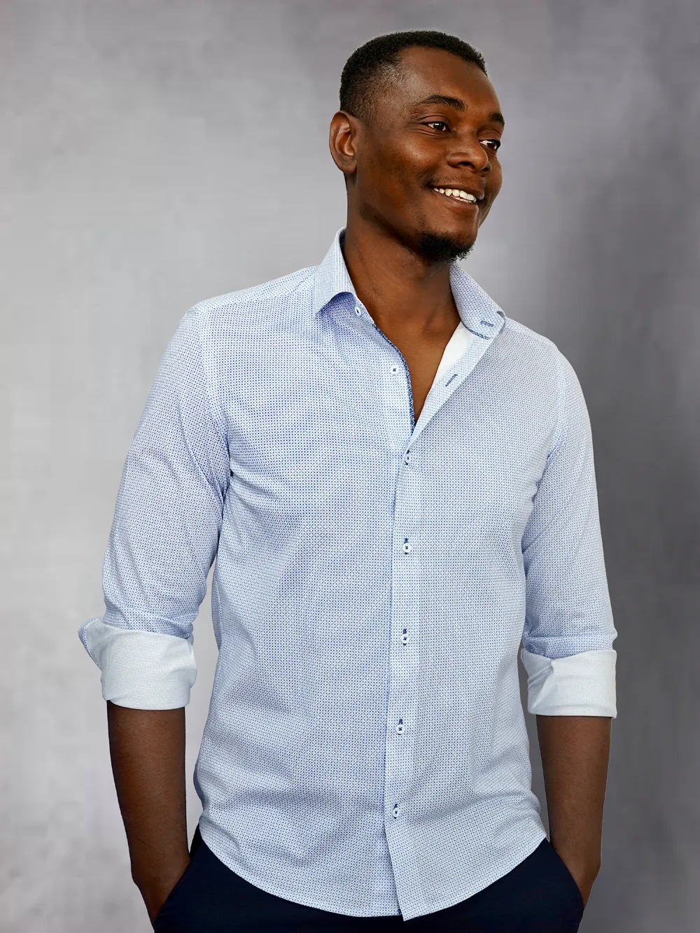 Pure Cotton Stretch Diamond Sky Shirt - Knitted Weave - Image 4