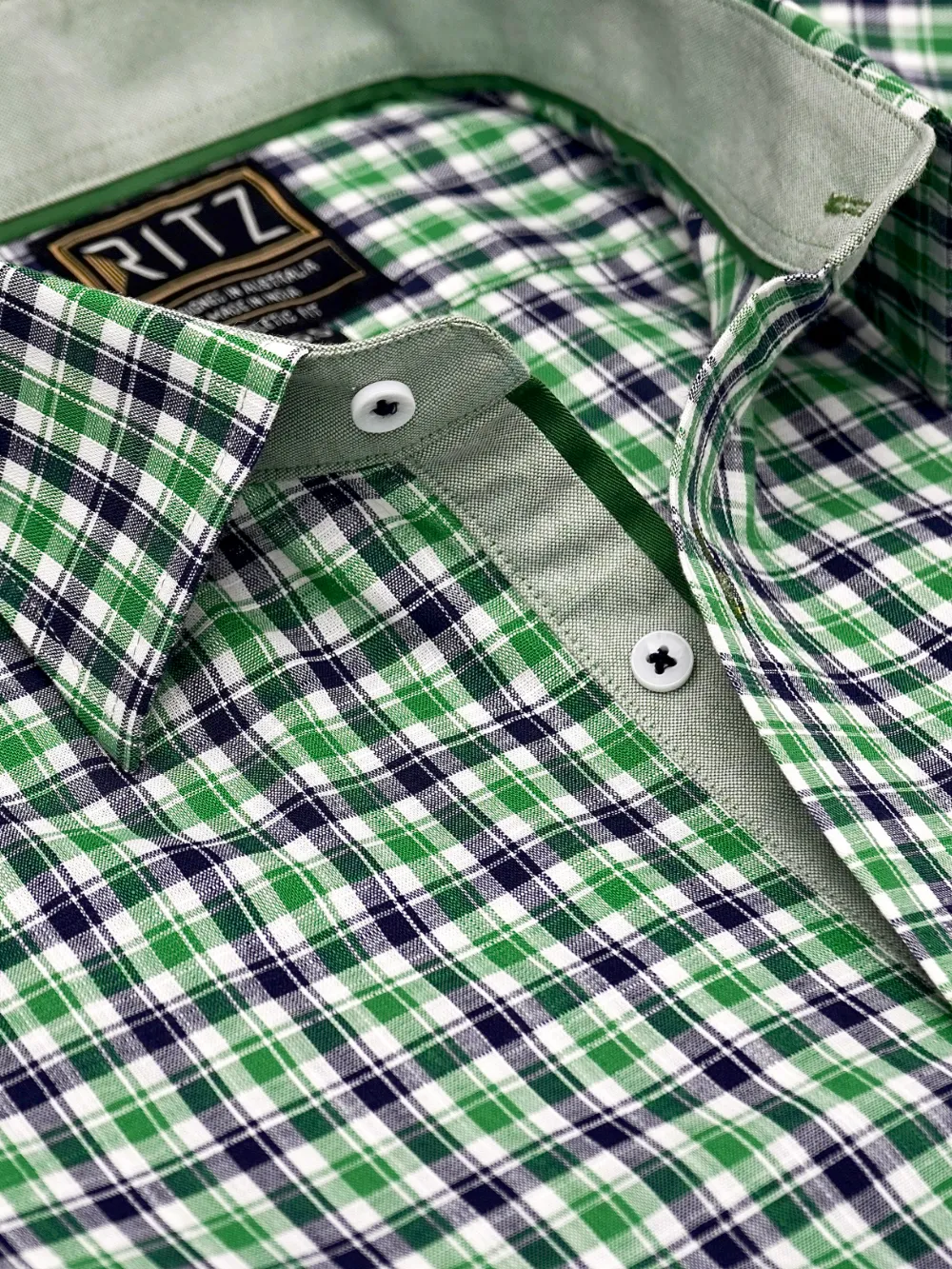 Pure Cotton Olive Grid Shirt With Contrast Detailing