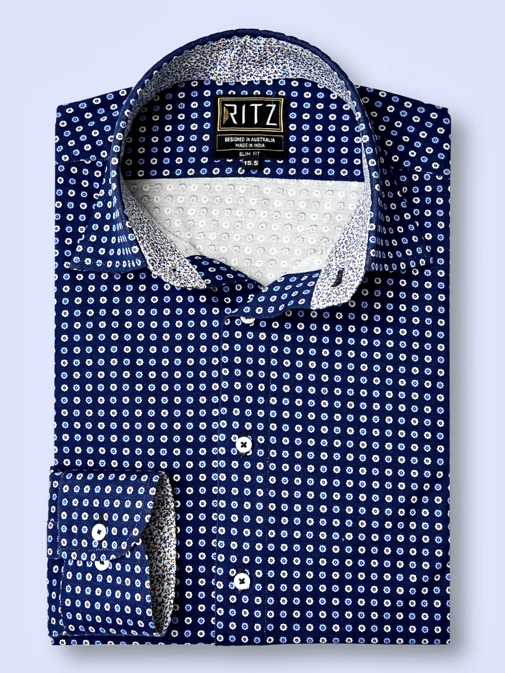 Non-Iron Stretch Cotton Navy Shirt - Medallion Print - Image 2