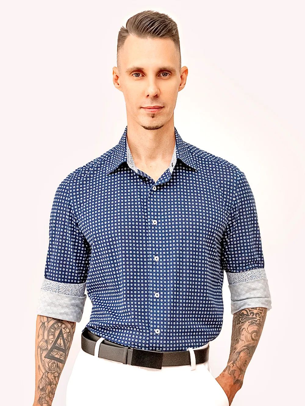 Non-Iron Stretch Cotton Navy Shirt - Medallion Print - Image 4