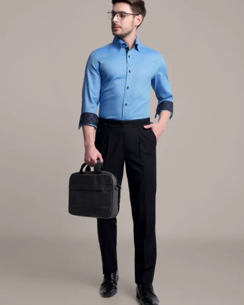 Topaz designer pair of plain turquoise shirt and black trousers