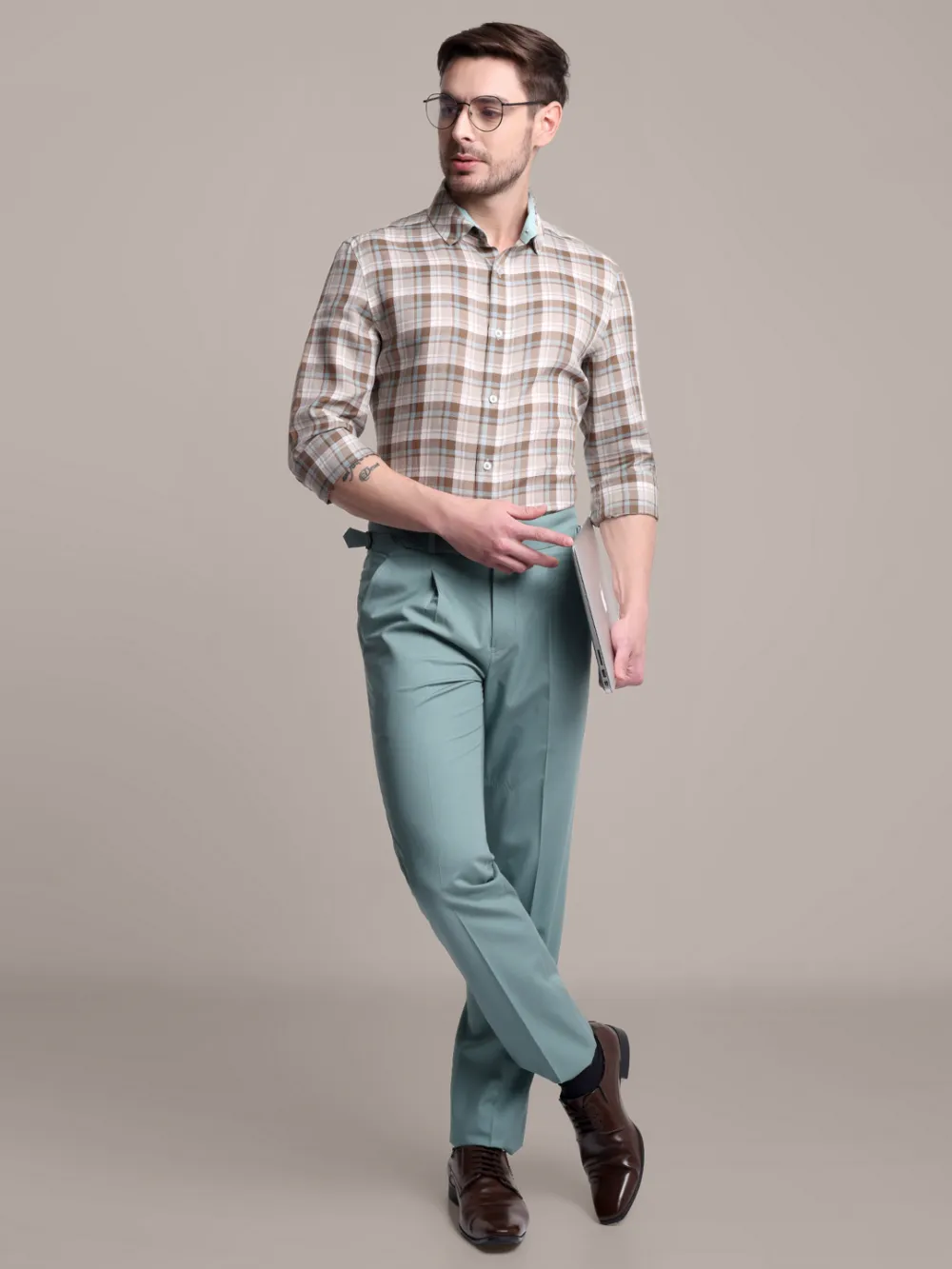 Designer Pair of Hemp Grid Shirt with Plain Light Olive Trousers